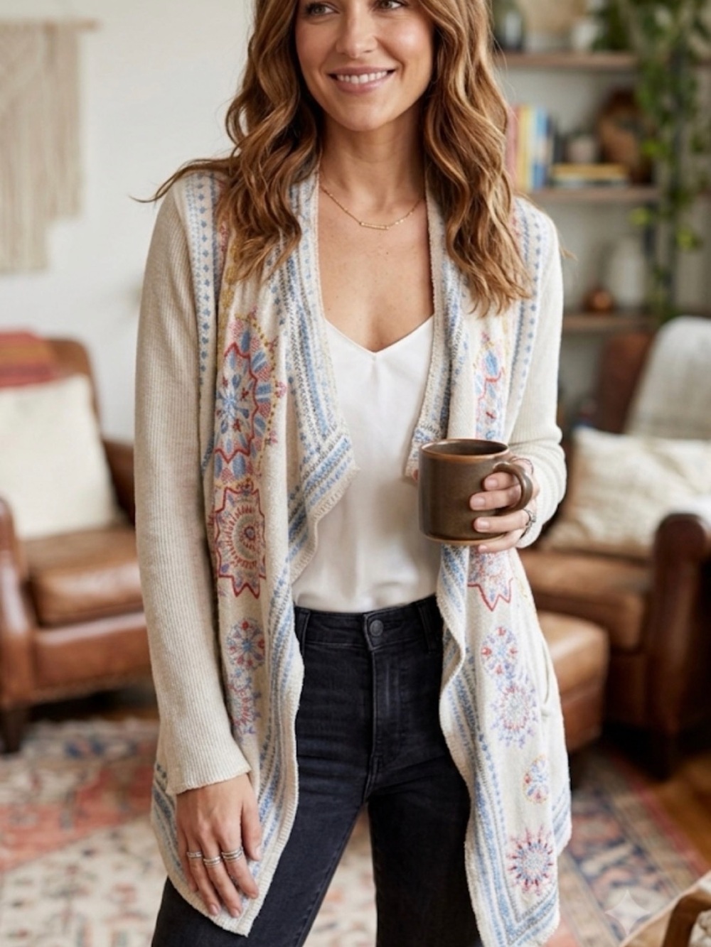 Johnny Was Cream Open-Front Sweater Vest with Pastel Embroidery